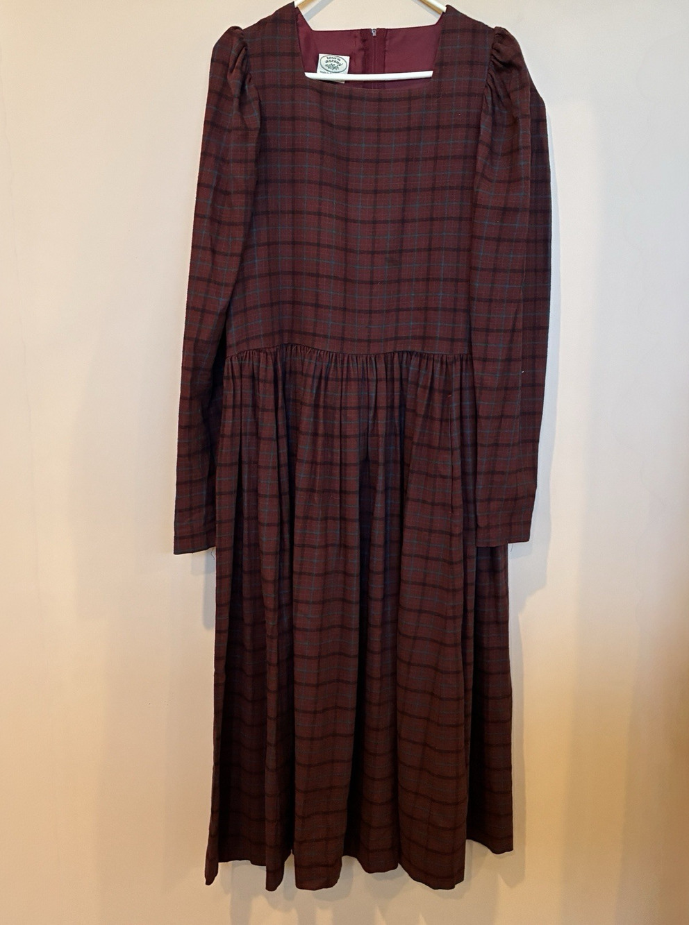 Vintage Laura Ashley Square Neck Tartan Plaid Prairie Dress Plum Size US 14 - Picture 1 of 9
